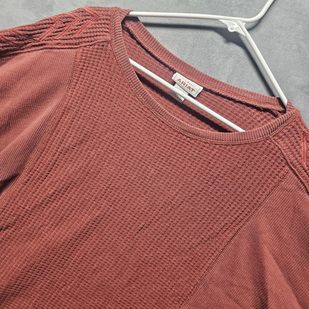 Ariat Women XL Waffle Knit Long Sleeve Top Clay Red Embroidered Shoulder Western